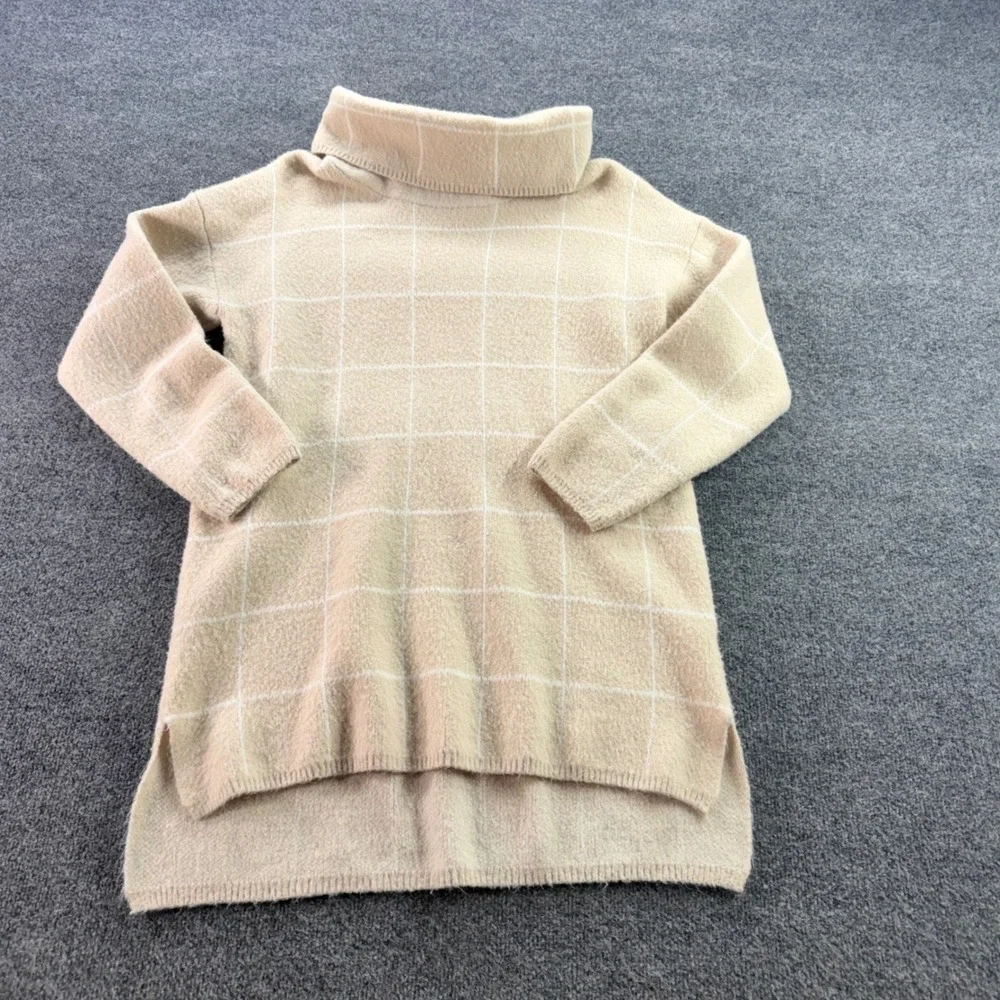 Lumiere Turtleneck Sweater Tunic Windowpane Plaid Oversized Knit‎ Large Beige W